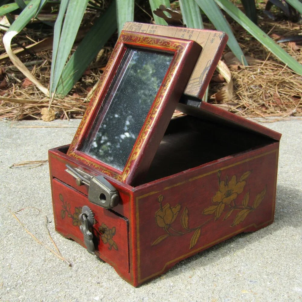 Vintage Chinese Red Lacquer Vanity Jewelry Box with Mirror & Dragon Motif